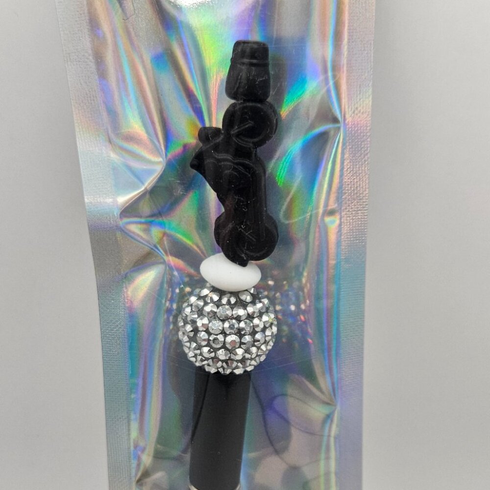 Black Motorcycle Beaded Pen with Rhinestones & Spare Ink Cartridge - Handmade